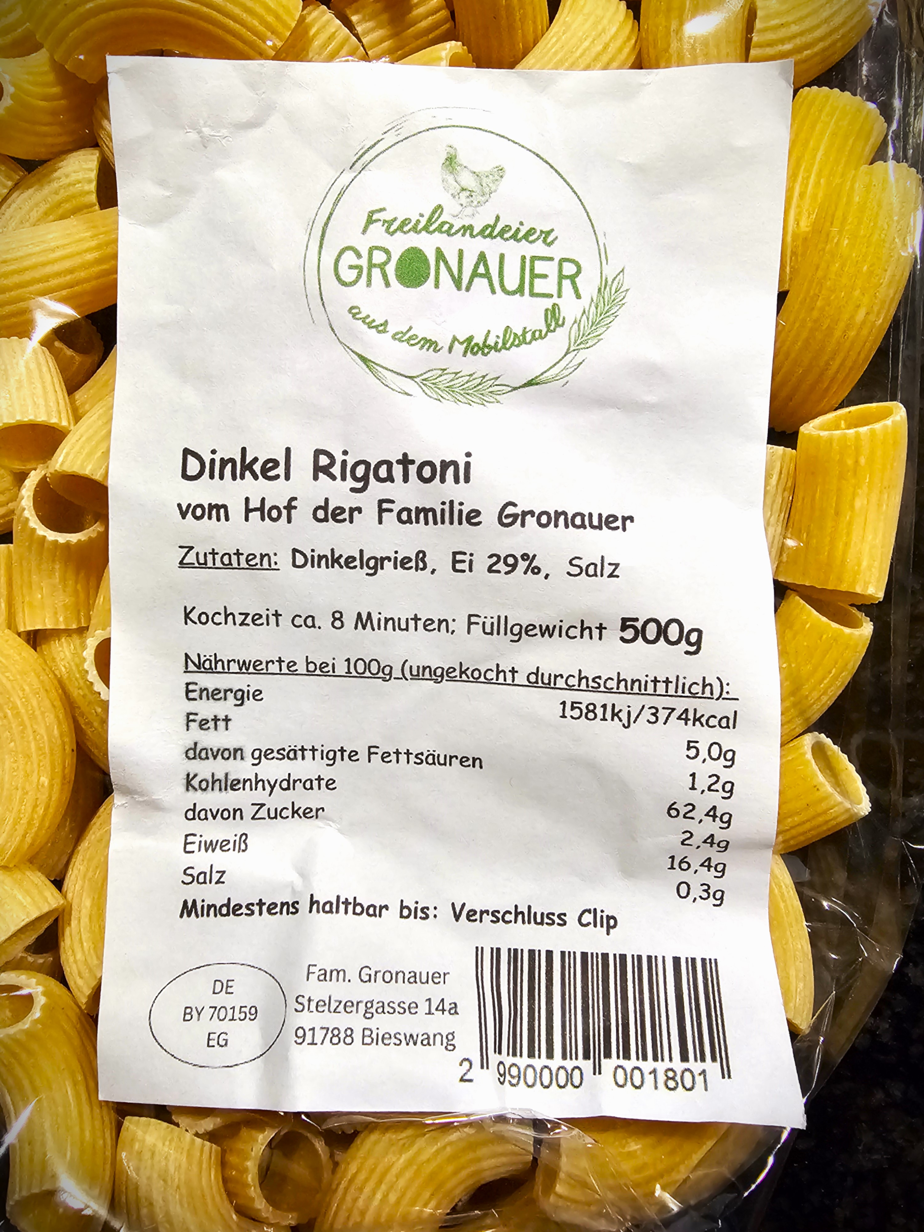 Dinkel Rigatoni Etikett Dinkel Rigatoni Etikett